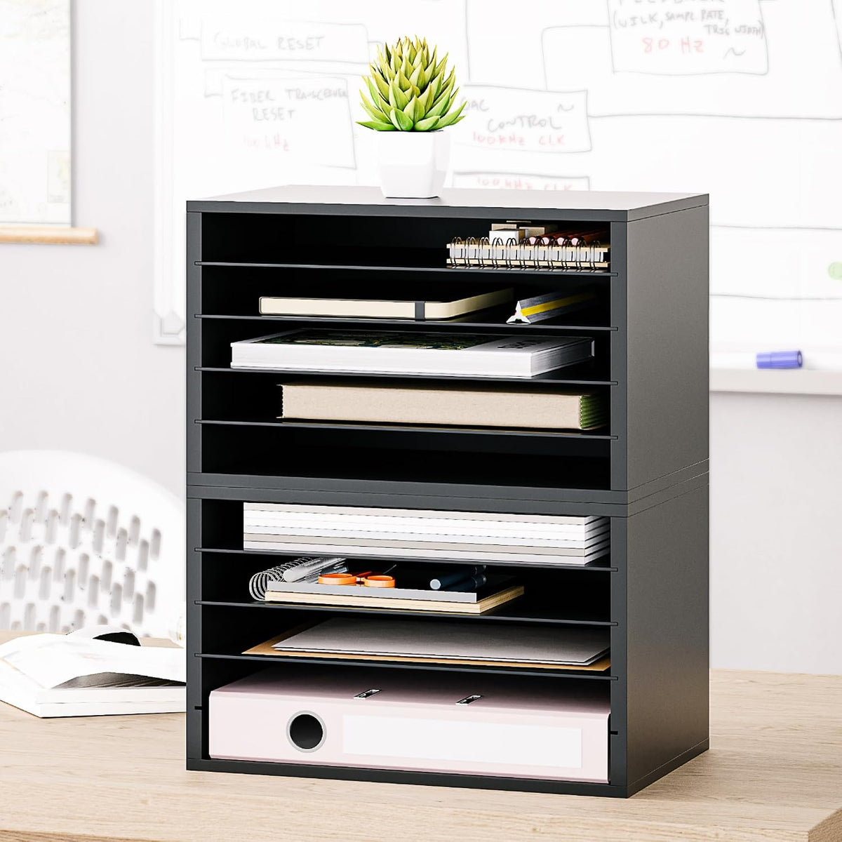 5 Tier Paper Organizer Letter Tray, Wood Desk File Organizer with Adjustable Shelves, Home Office School Letter/A4 Mail Sorter Magazine Holder - Black