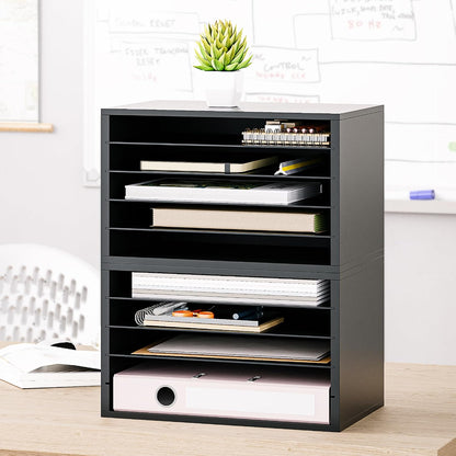 5 Tier Paper Organizer Letter Tray, Wood Desk File Organizer with Adjustable Shelves, Home Office School Letter/A4 Mail Sorter Magazine Holder - Black