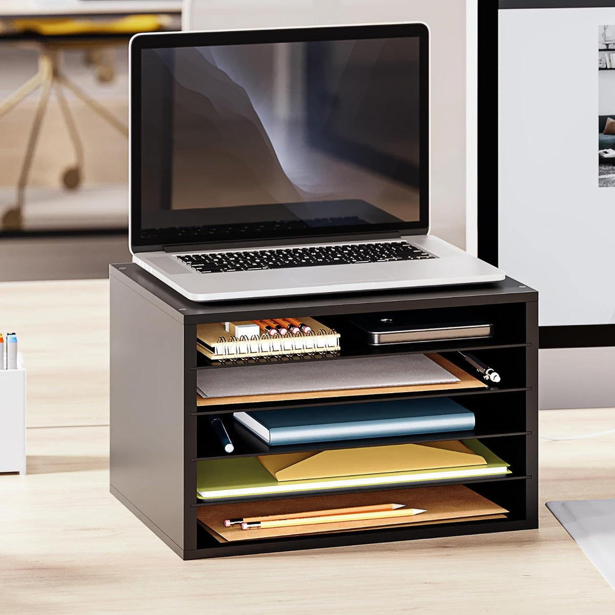 5 Tier Paper Organizer Letter Tray, Wood Desk File Organizer with Adjustable Shelves, Home Office School Letter/A4 Mail Sorter Magazine Holder - Black