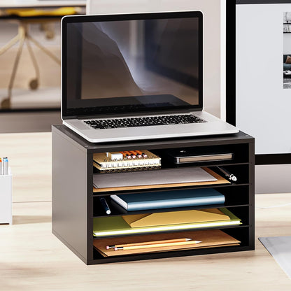 5 Tier Paper Organizer Letter Tray, Wood Desk File Organizer with Adjustable Shelves, Home Office School Letter/A4 Mail Sorter Magazine Holder - Black