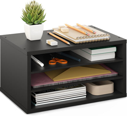 5 Tier Paper Organizer Letter Tray, Wood Desk File Organizer with Adjustable Shelves, Home Office School Letter/A4 Mail Sorter Magazine Holder - Black