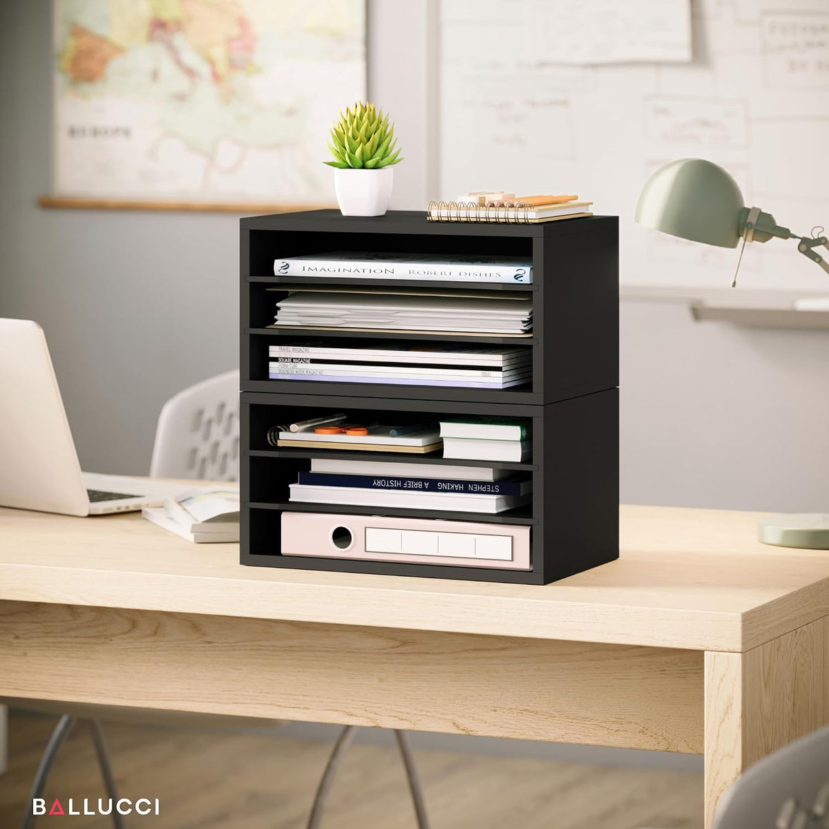 5 Tier Paper Organizer Letter Tray, Wood Desk File Organizer with Adjustable Shelves, Home Office School Letter/A4 Mail Sorter Magazine Holder - Black
