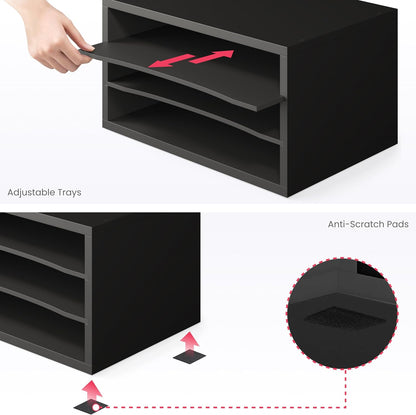5 Tier Paper Organizer Letter Tray, Wood Desk File Organizer with Adjustable Shelves, Home Office School Letter/A4 Mail Sorter Magazine Holder - Black