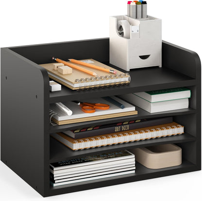 5 Tier Paper Organizer Letter Tray, Wood Desk File Organizer with Adjustable Shelves, Home Office School Letter/A4 Mail Sorter Magazine Holder - Black