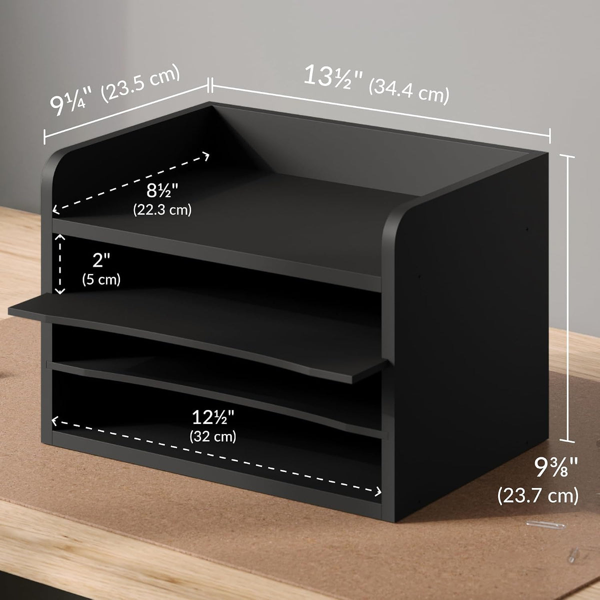 5 Tier Paper Organizer Letter Tray, Wood Desk File Organizer with Adjustable Shelves, Home Office School Letter/A4 Mail Sorter Magazine Holder - Black