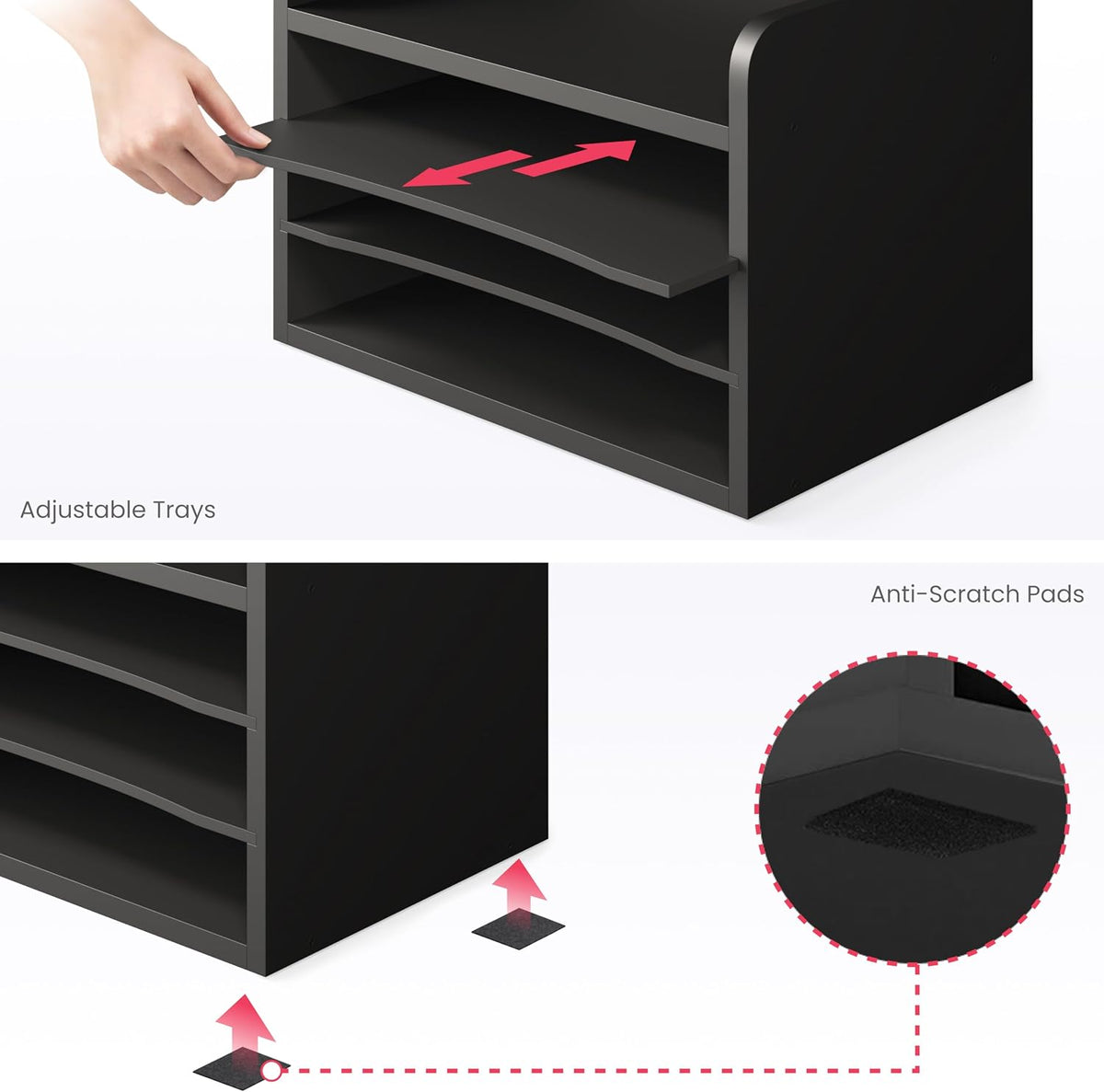 5 Tier Paper Organizer Letter Tray, Wood Desk File Organizer with Adjustable Shelves, Home Office School Letter/A4 Mail Sorter Magazine Holder - Black