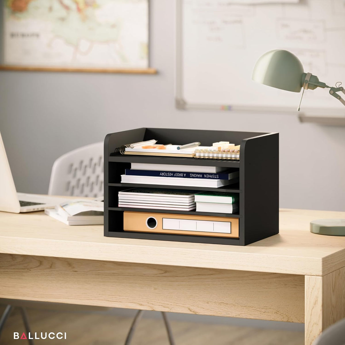 5 Tier Paper Organizer Letter Tray, Wood Desk File Organizer with Adjustable Shelves, Home Office School Letter/A4 Mail Sorter Magazine Holder - Black