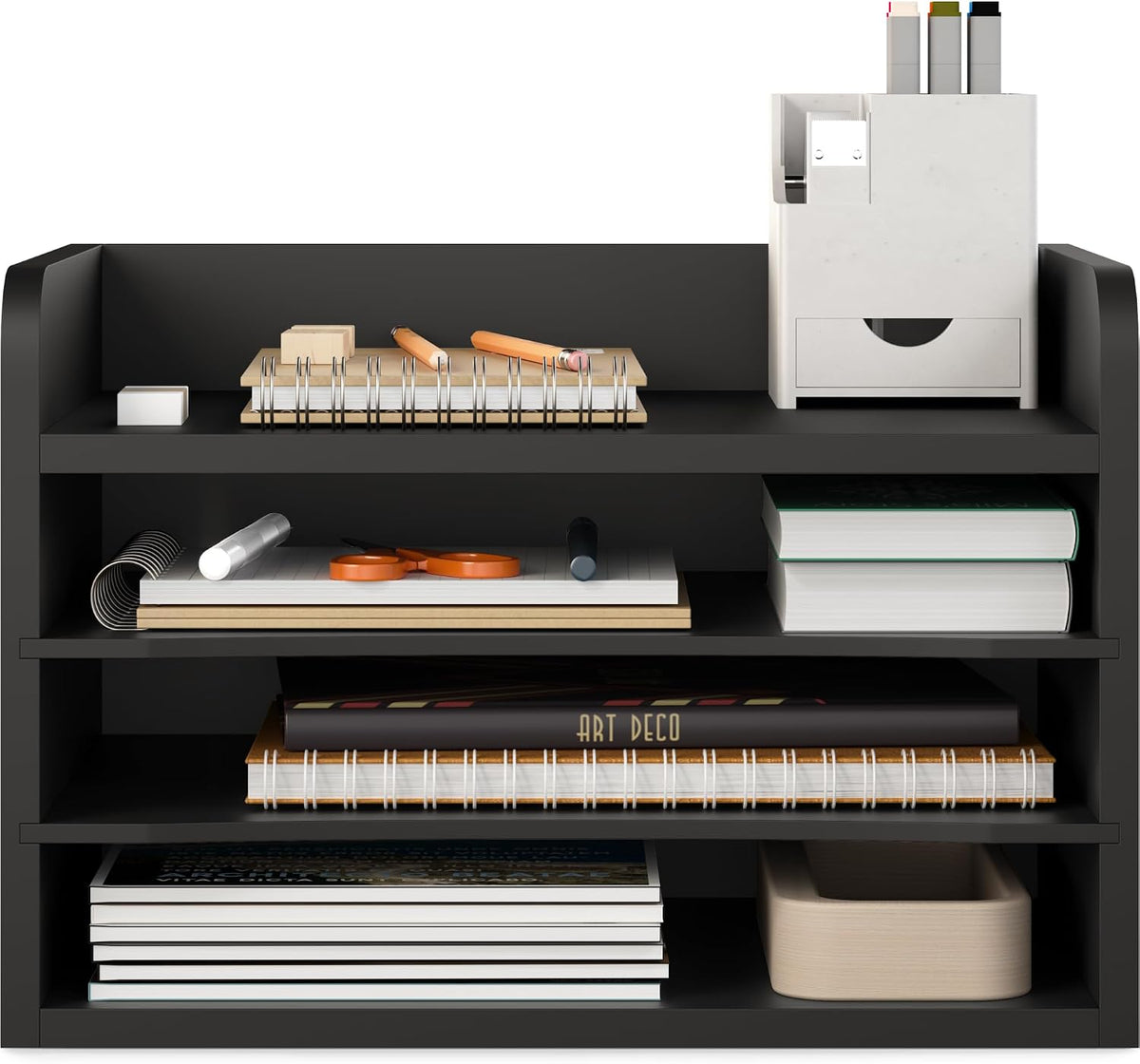 5 Tier Paper Organizer Letter Tray, Wood Desk File Organizer with Adjustable Shelves, Home Office School Letter/A4 Mail Sorter Magazine Holder - Black