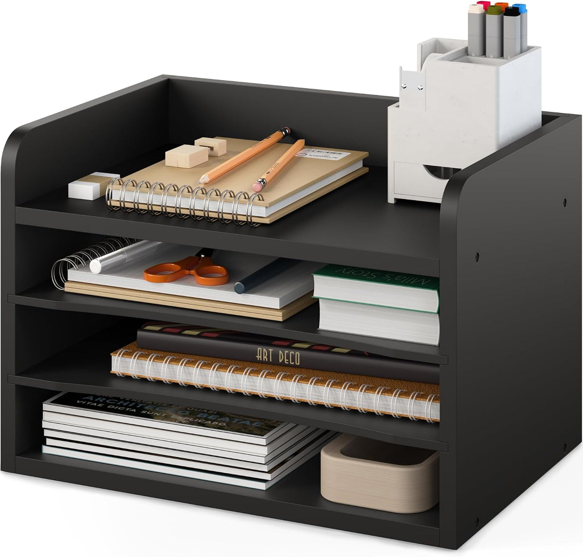 5 Tier Paper Organizer Letter Tray, Wood Desk File Organizer with Adjustable Shelves, Home Office School Letter/A4 Mail Sorter Magazine Holder - Black