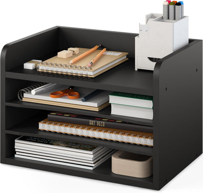 5 Tier Paper Organizer Letter Tray, Wood Desk File Organizer with Adjustable Shelves, Home Office School Letter/A4 Mail Sorter Magazine Holder - Black