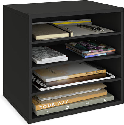 5 Tier Paper Organizer Letter Tray, Wood Desk File Organizer with Adjustable Shelves, Home Office School Letter/A4 Mail Sorter Magazine Holder - Black