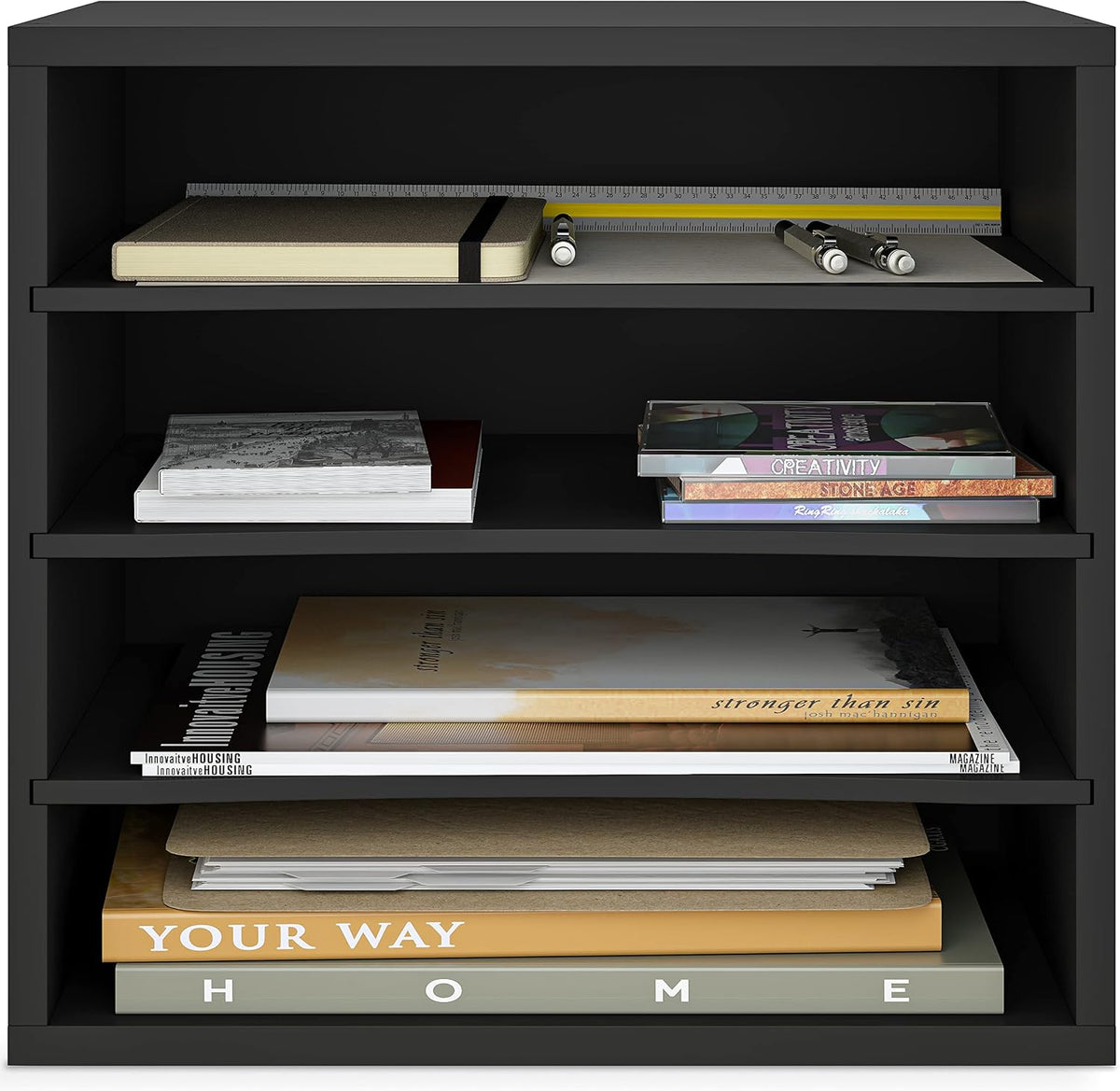 5 Tier Paper Organizer Letter Tray, Wood Desk File Organizer with Adjustable Shelves, Home Office School Letter/A4 Mail Sorter Magazine Holder - Black