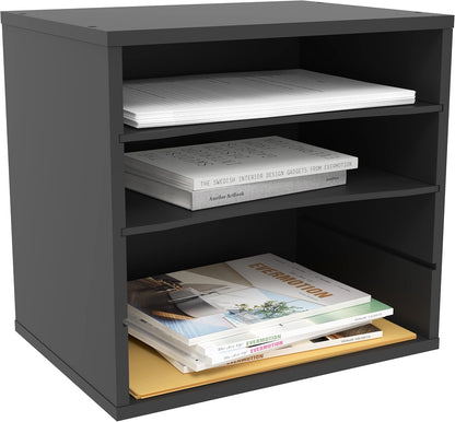 5 Tier Paper Organizer Letter Tray, Wood Desk File Organizer with Adjustable Shelves, Home Office School Letter/A4 Mail Sorter Magazine Holder - Black