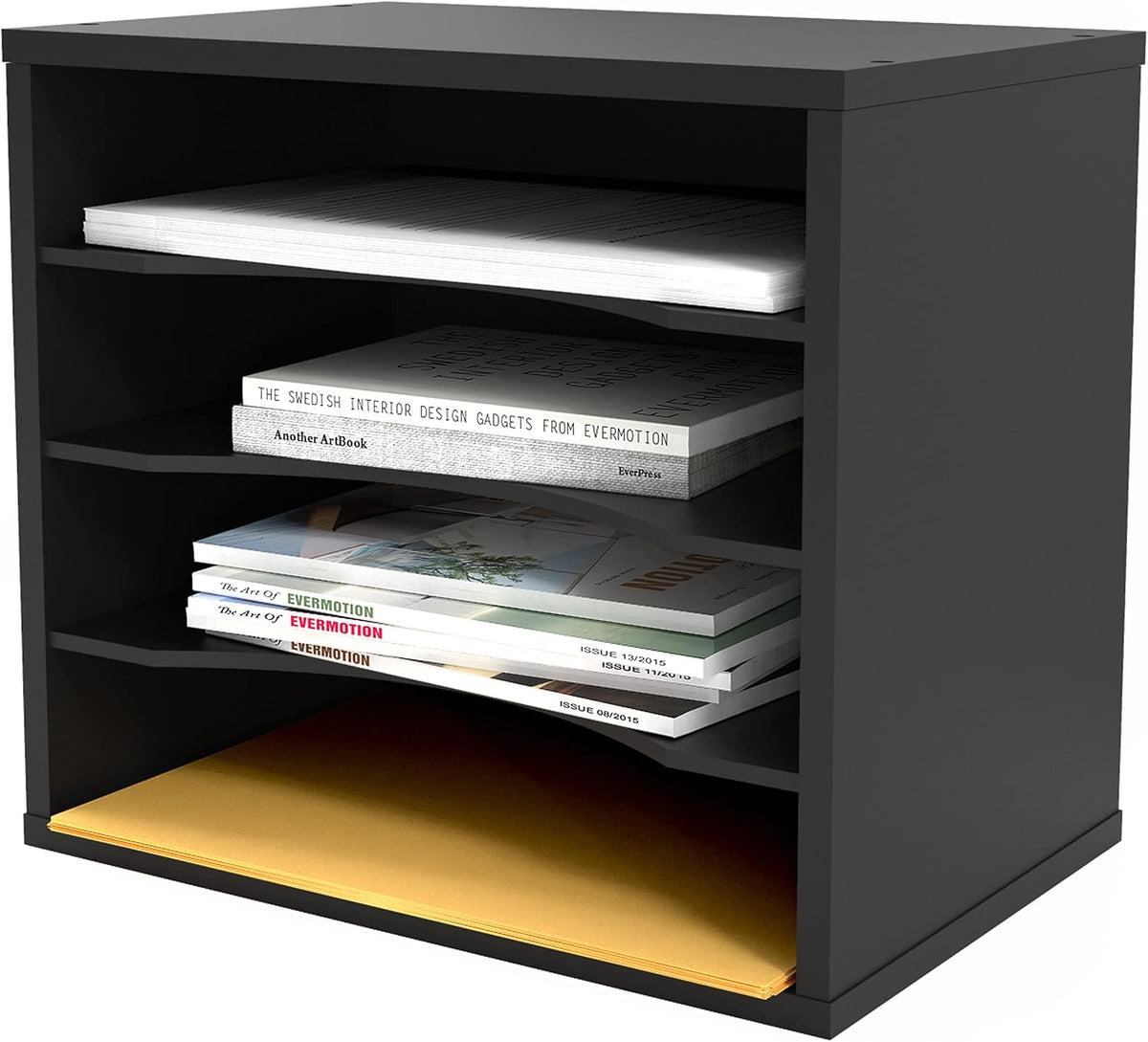 5 Tier Paper Organizer Letter Tray, Wood Desk File Organizer with Adjustable Shelves, Home Office School Letter/A4 Mail Sorter Magazine Holder - Black