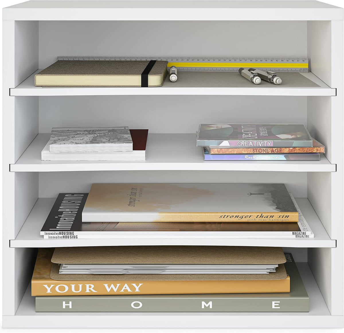 5 Tier Paper Organizer Letter Tray, Wood Desk File Organizer with Adjustable Shelves, Home Office School Letter/A4 Mail Sorter Magazine Holder - Black