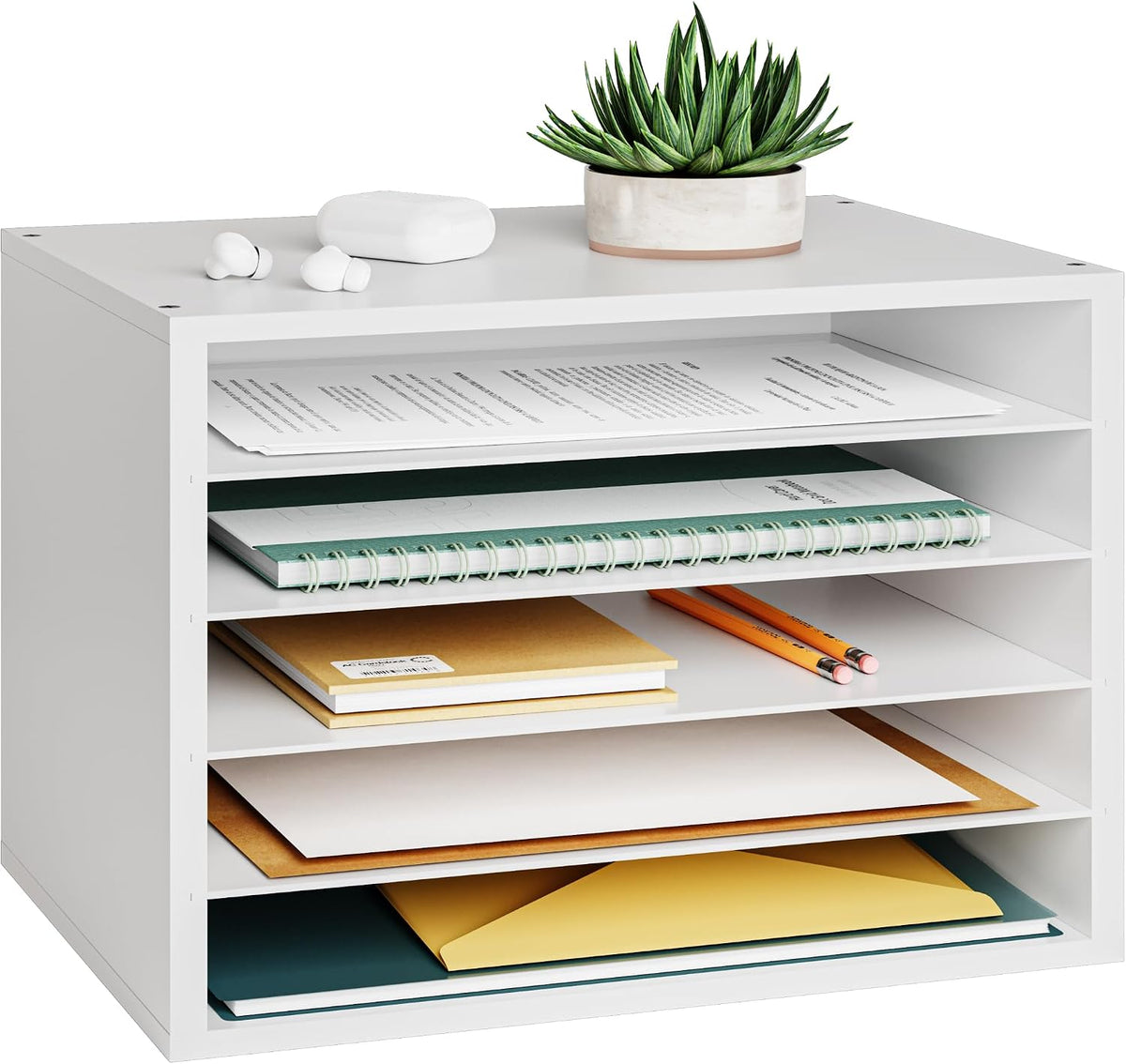 5 Tier Paper Organizer Letter Tray, Wood Desk File Organizer with Adjustable Shelves, Home Office School Letter/A4 Mail Sorter Magazine Holder - Black