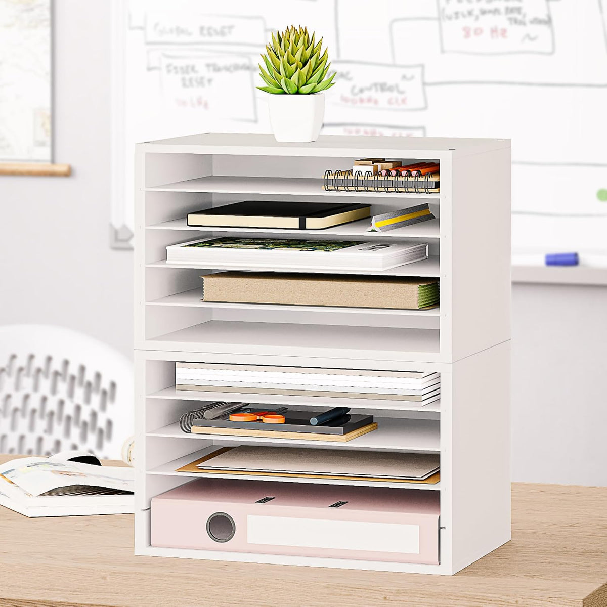 5 Tier Paper Organizer Letter Tray, Wood Desk File Organizer with Adjustable Shelves, Home Office School Letter/A4 Mail Sorter Magazine Holder - Black