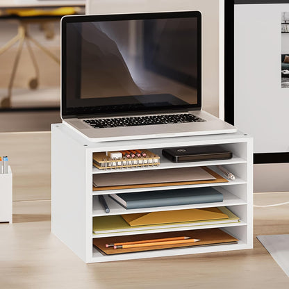 5 Tier Paper Organizer Letter Tray, Wood Desk File Organizer with Adjustable Shelves, Home Office School Letter/A4 Mail Sorter Magazine Holder - Black