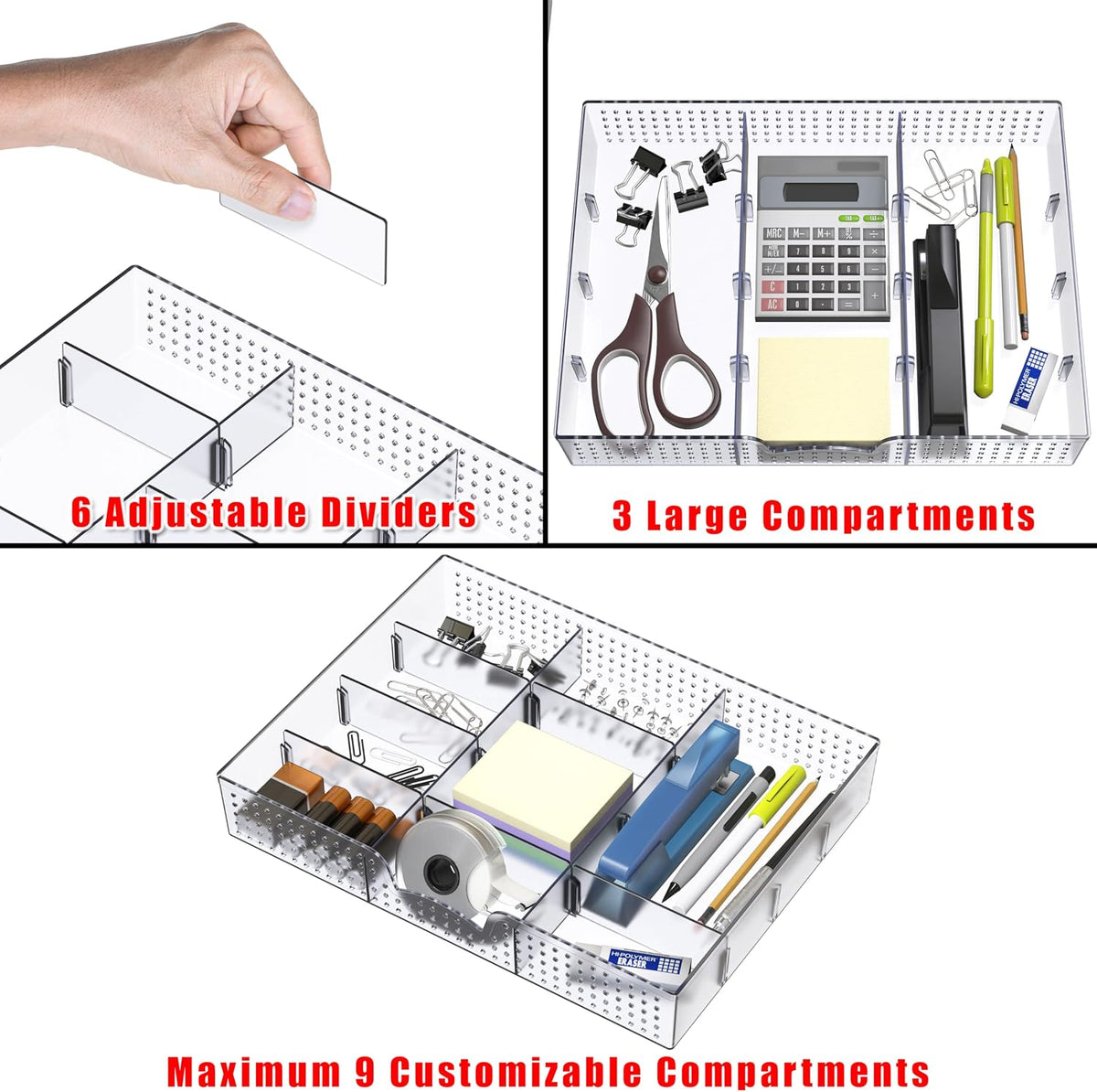 Drawer Organizer Tray, 9 Adjustable Compartments, Clear