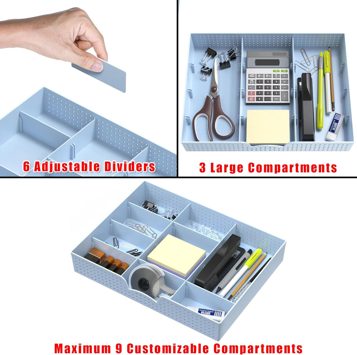 Drawer Organizer Tray, 9 Adjustable Compartments, Clear