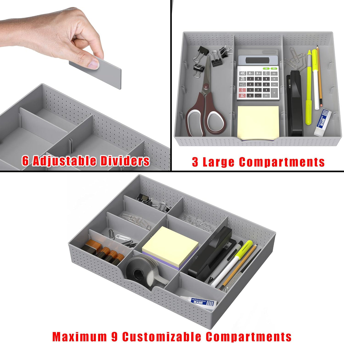Drawer Organizer Tray, 9 Adjustable Compartments, Clear