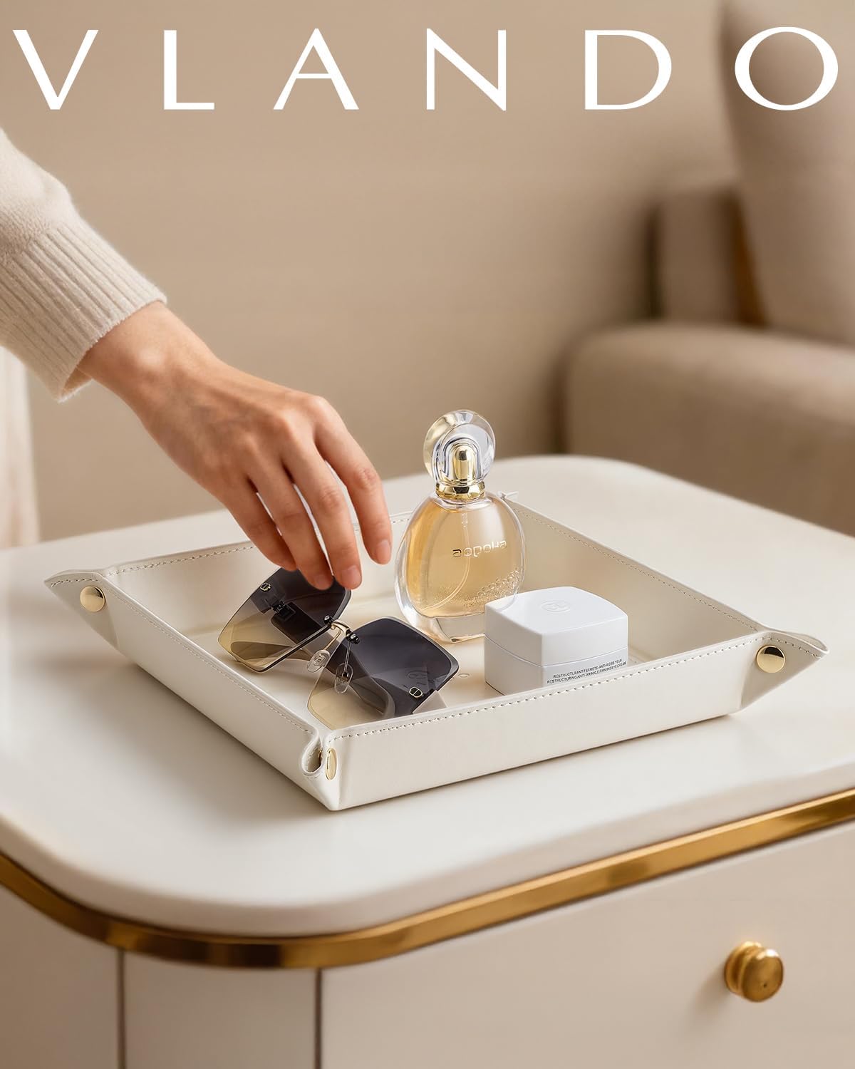 Valet Tray Organizer, PU Leather Catchall Tray for Vanity, Beige