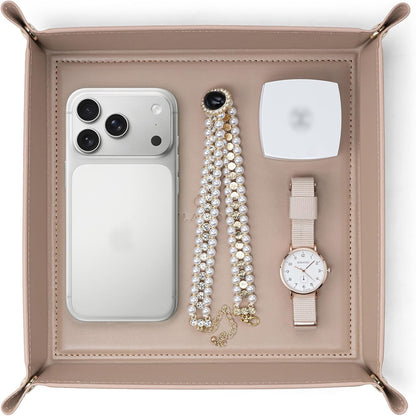Valet Tray Organizer, PU Leather Catchall Tray for Vanity, Beige