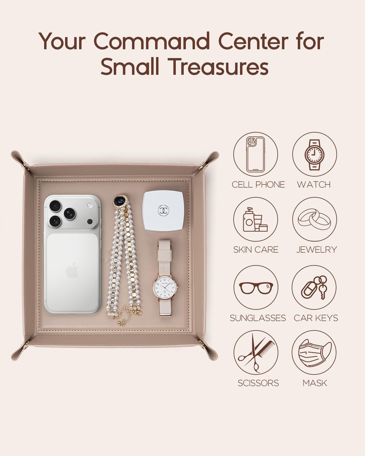 Valet Tray Organizer, PU Leather Catchall Tray for Vanity, Beige