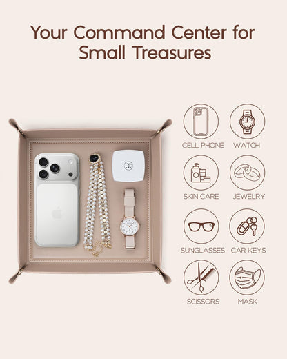 Valet Tray Organizer, PU Leather Catchall Tray for Vanity, Beige