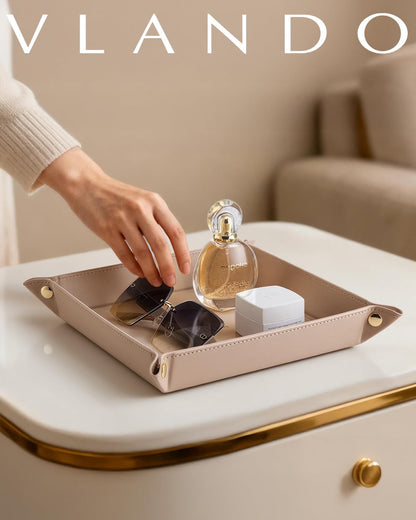Valet Tray Organizer, PU Leather Catchall Tray for Vanity, Beige