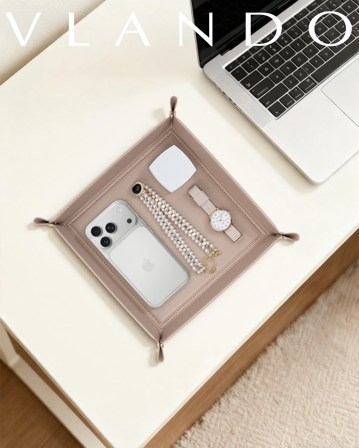Valet Tray Organizer, PU Leather Catchall Tray for Vanity, Beige