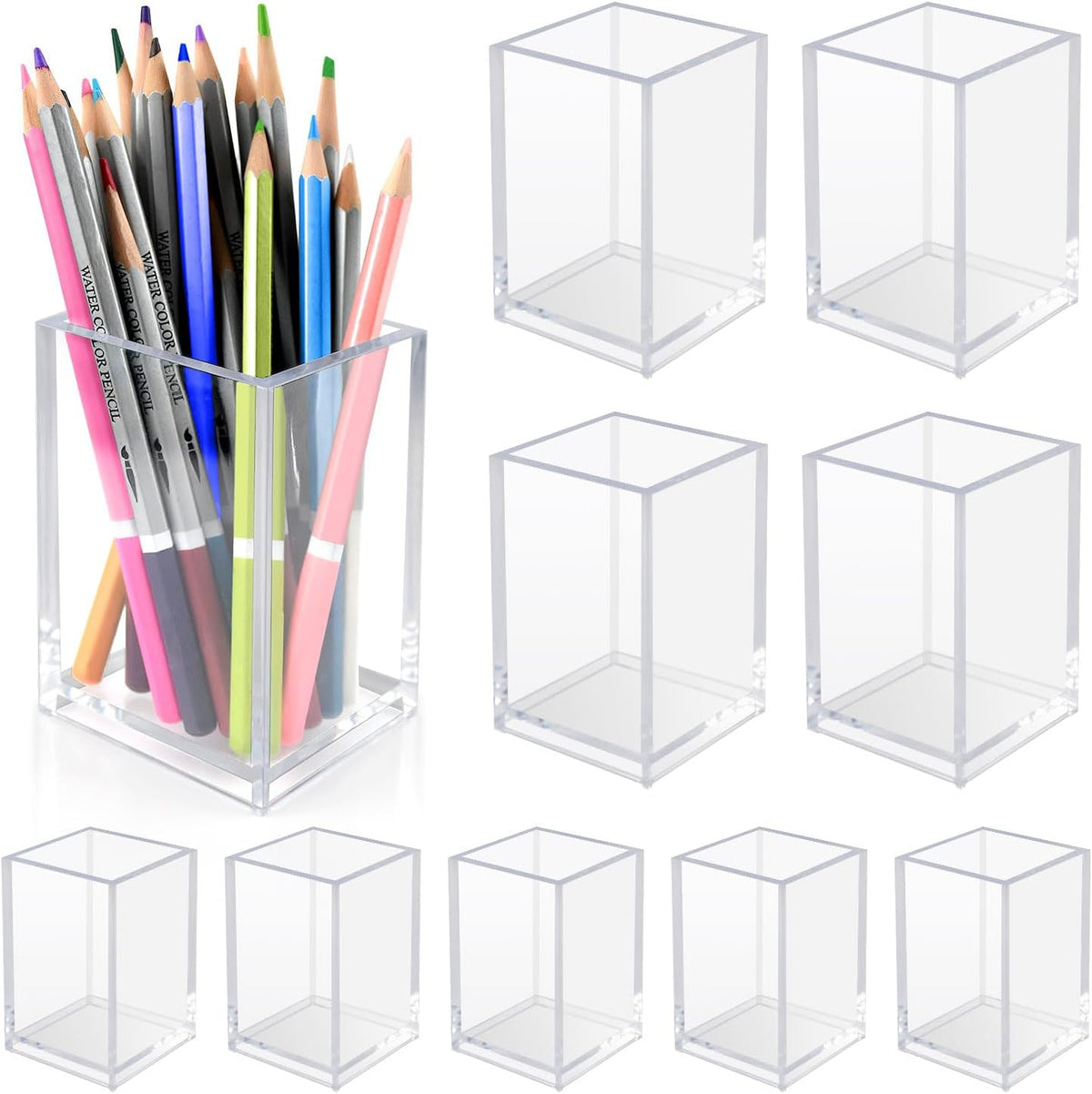 10 Pack Clear Acrylic Pen Holders For Desk, Pencil Cup Makeup Brush Holders
