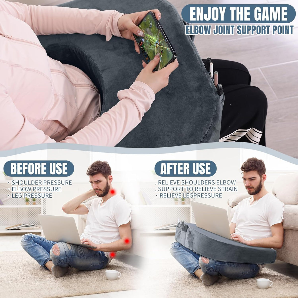 Extra Large Arm Rest Pillow for Adult Gaming,Lap Desk Pillow,Crochet Pillow for Lap Support,Foam Bed Rest Pillow for Reading (Dark Grey)