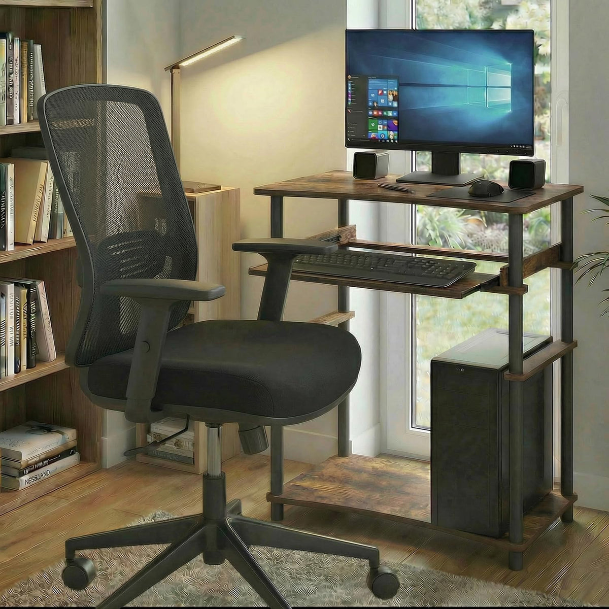 Furinno Simplistic Easy Assembly Computer Desk, With Keyboard Tray, Dark Brown/Black