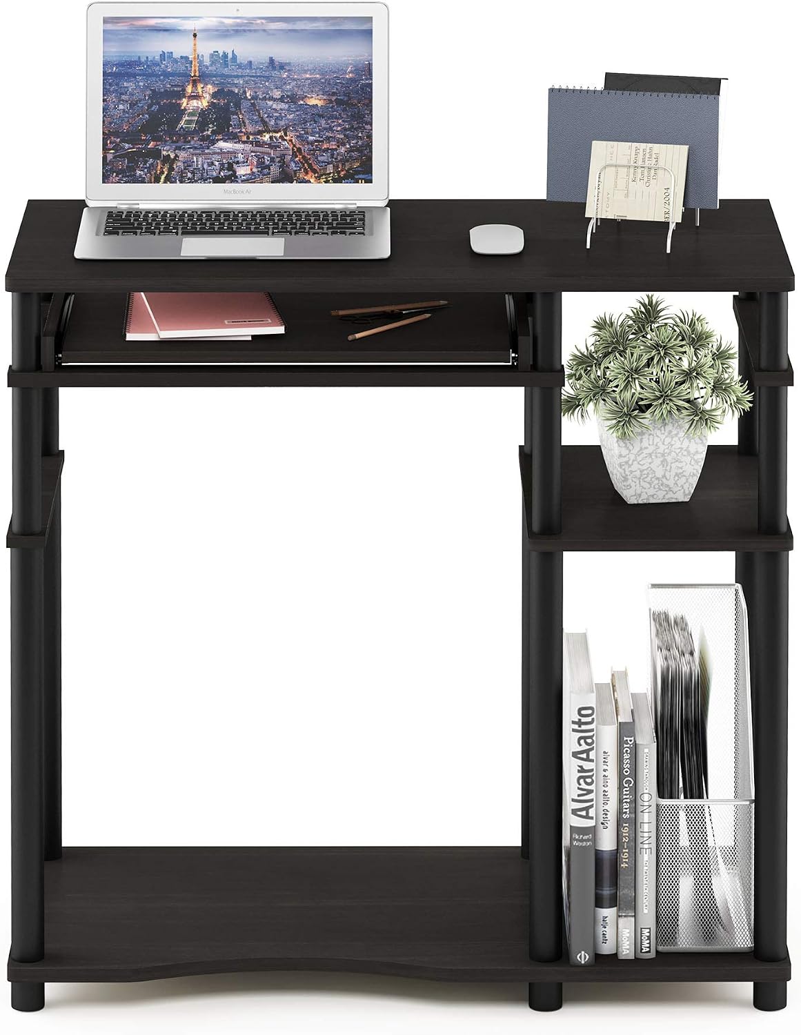 Furinno Simplistic Easy Assembly Computer Desk, With Keyboard Tray, Dark Brown/Black