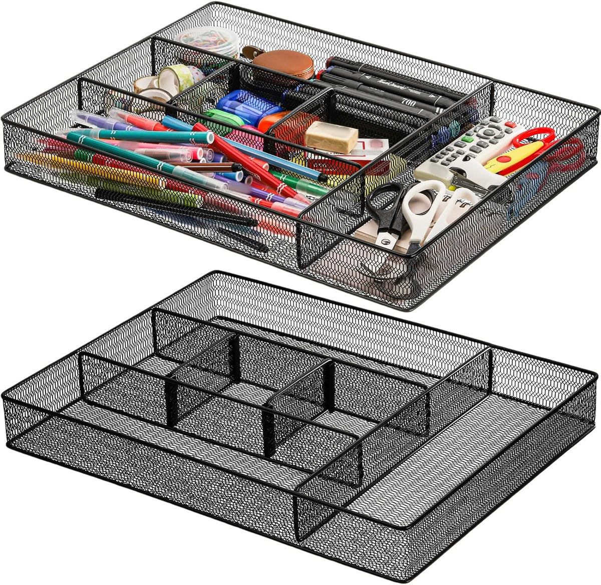 2 Pack Mesh Desk Drawer Organizer, 16.1"x12.2"x2" Large Desk Organizer Tray with 2 Removable Dividers, 6 Compartment Metal Organizers for Home, Office, Makeup & Vanity
