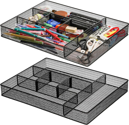 2 Pack Mesh Desk Drawer Organizer, 16.1"x12.2"x2" Large Desk Organizer Tray with 2 Removable Dividers, 6 Compartment Metal Organizers for Home, Office, Makeup & Vanity