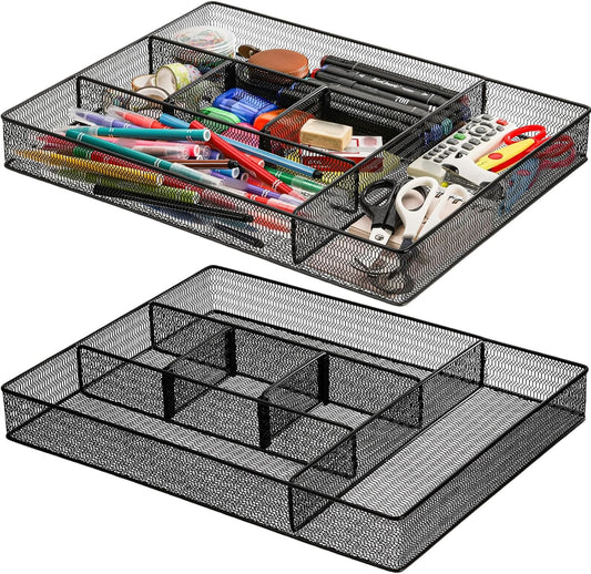 2 Pack Mesh Desk Drawer Organizer, 16.1"x12.2"x2" Large Desk Organizer Tray with 2 Removable Dividers, 6 Compartment Metal Organizers for Home, Office, Makeup & Vanity
