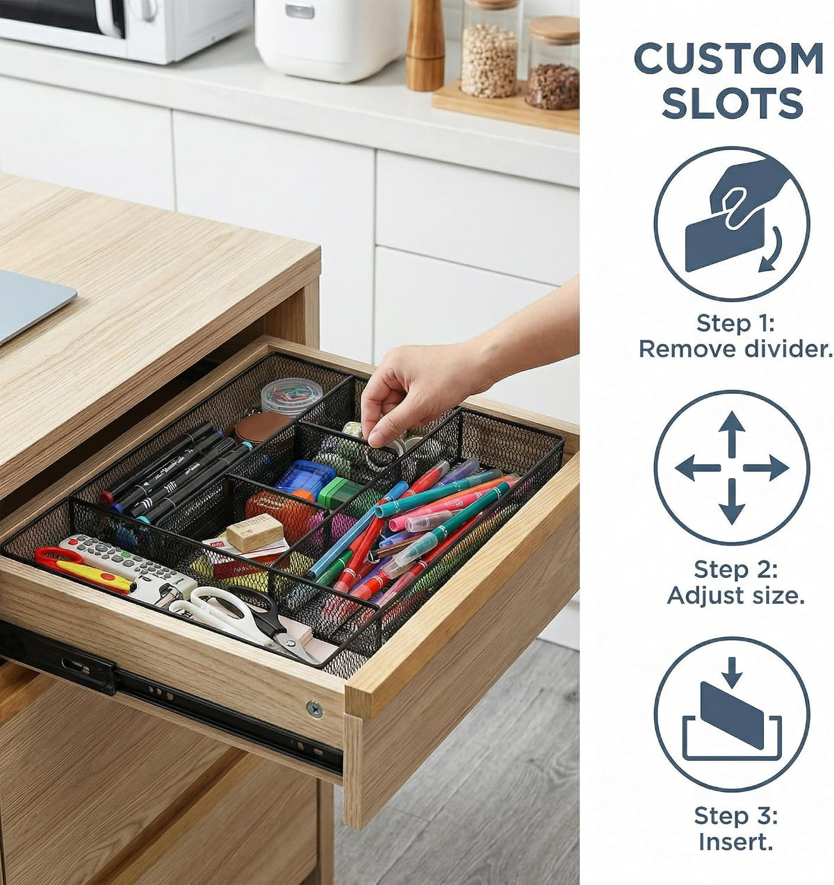 2 Pack Mesh Desk Drawer Organizer, 16.1"x12.2"x2" Large Desk Organizer Tray with 2 Removable Dividers, 6 Compartment Metal Organizers for Home, Office, Makeup & Vanity