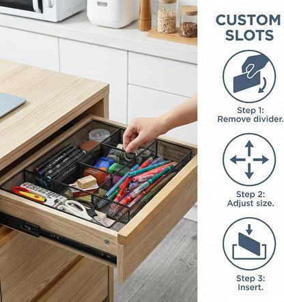 2 Pack Mesh Desk Drawer Organizer, 16.1"x12.2"x2" Large Desk Organizer Tray with 2 Removable Dividers, 6 Compartment Metal Organizers for Home, Office, Makeup & Vanity