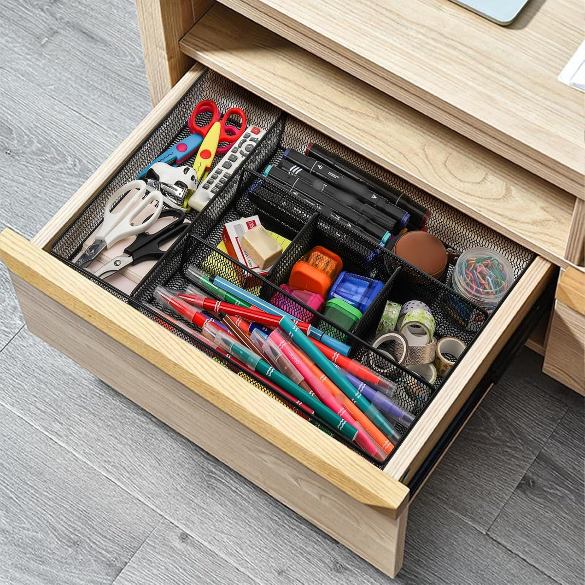 2 Pack Mesh Desk Drawer Organizer, 16.1"x12.2"x2" Large Desk Organizer Tray with 2 Removable Dividers, 6 Compartment Metal Organizers for Home, Office, Makeup & Vanity