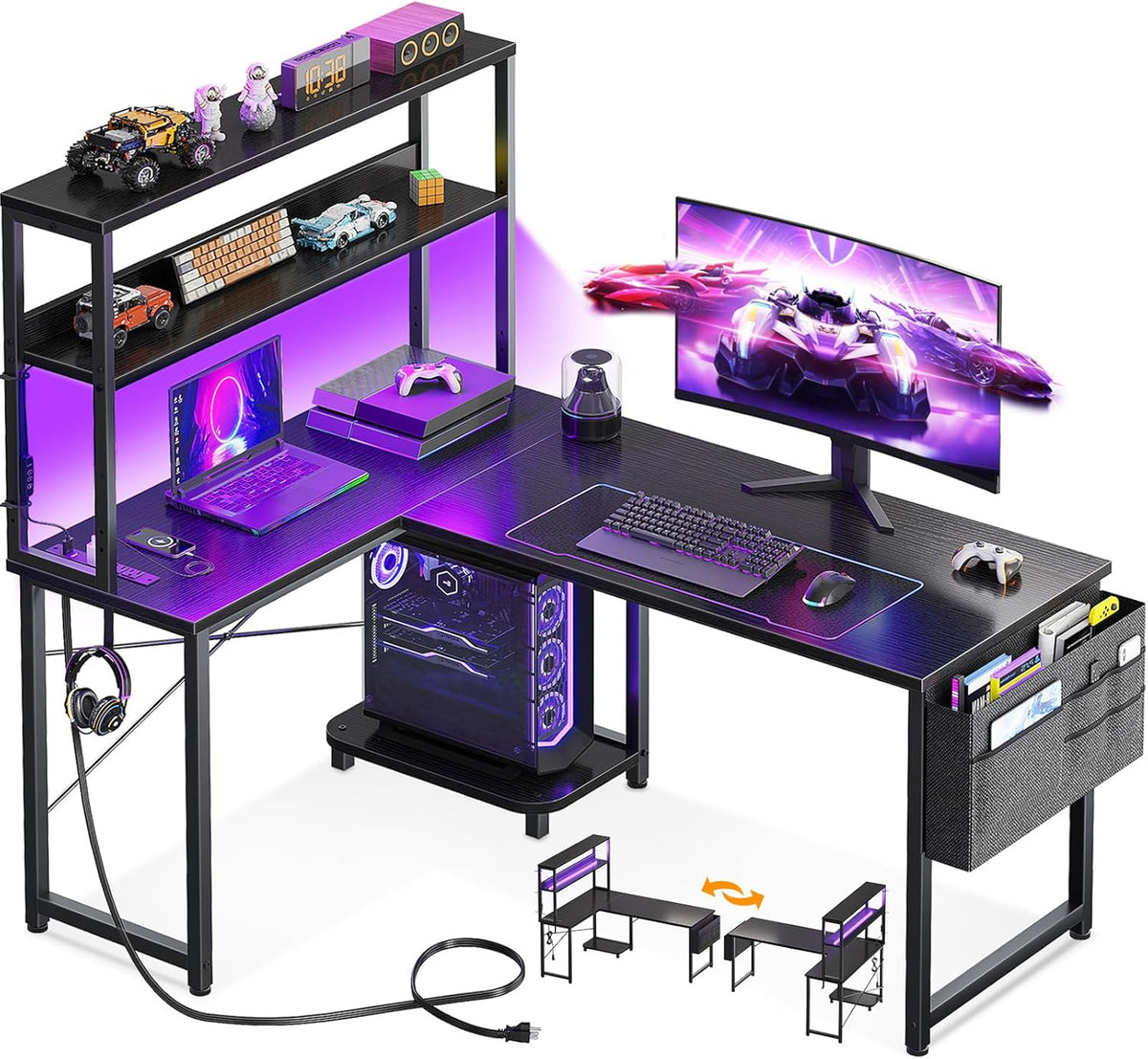 L Shaped Desk Gaming Desk with LED Light & Power Outlet