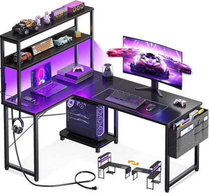 L Shaped Desk Gaming Desk with LED Light & Power Outlet