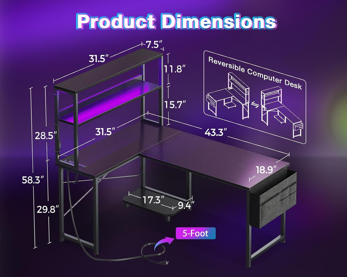 L Shaped Desk Gaming Desk with LED Light & Power Outlet