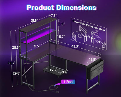 L Shaped Desk Gaming Desk with LED Light & Power Outlet
