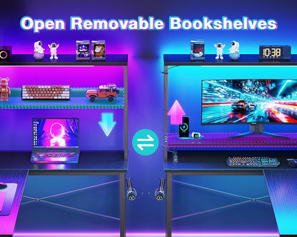 L Shaped Desk Gaming Desk with LED Light & Power Outlet