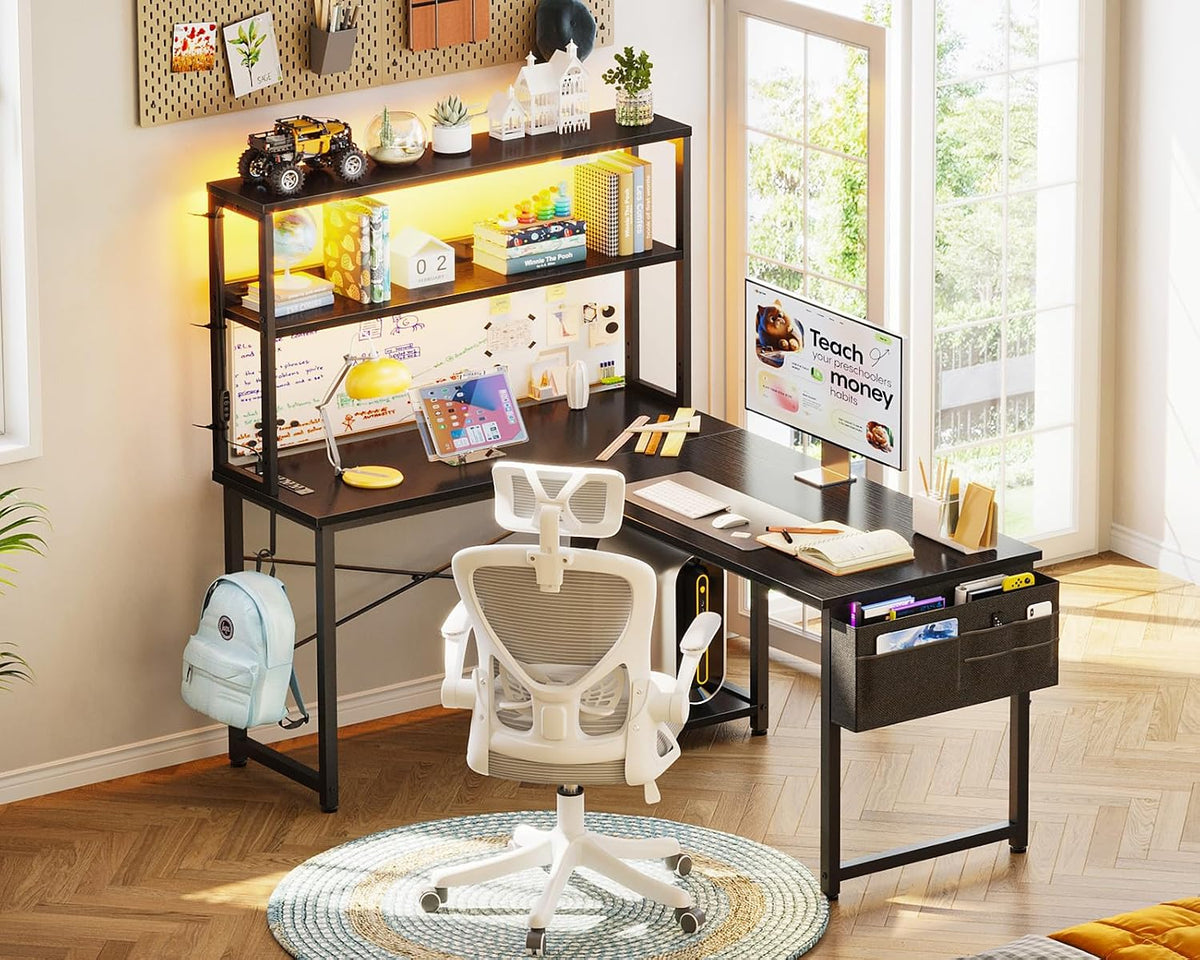 L Shaped Desk Gaming Desk with LED Light & Power Outlet
