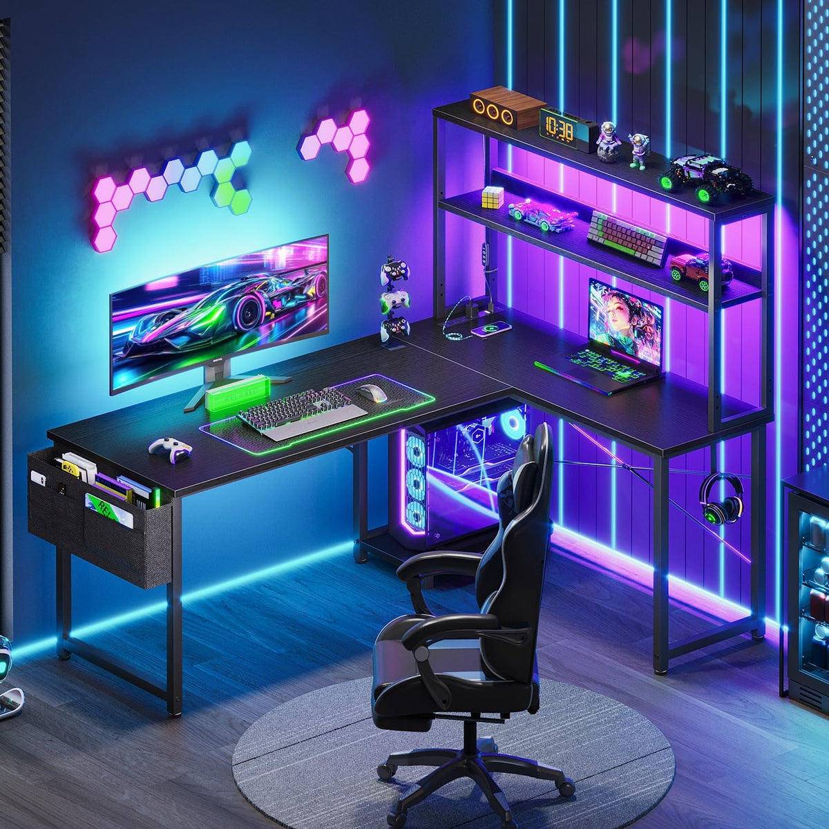 L Shaped Desk Gaming Desk with LED Light & Power Outlet