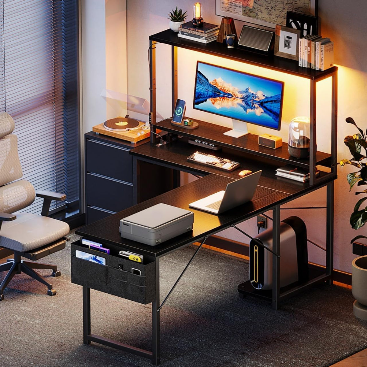 L Shaped Desk Gaming Desk with LED Light & Power Outlet