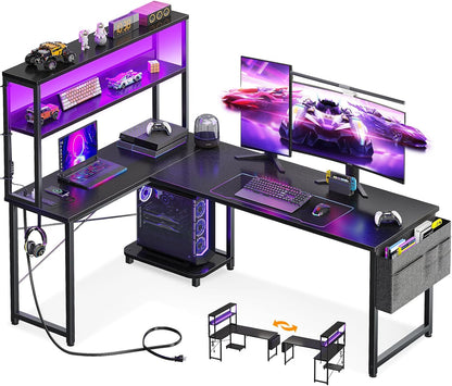 L Shaped Desk Gaming Desk with LED Light & Power Outlet
